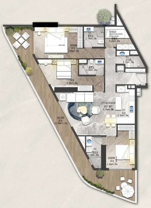 3 BR floor plan