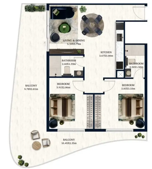2 BR floor plan
