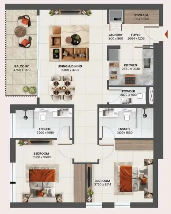 2 BR floor plan