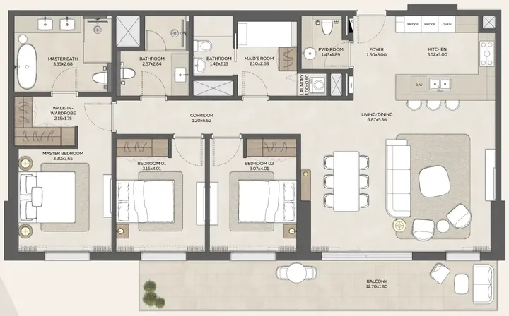 3 BR floor plan