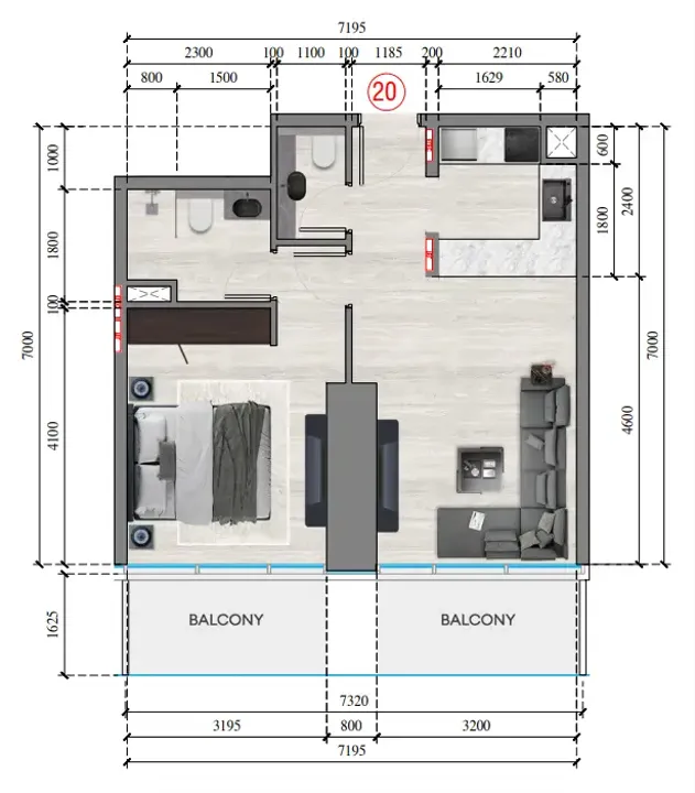 1 BR floor plan