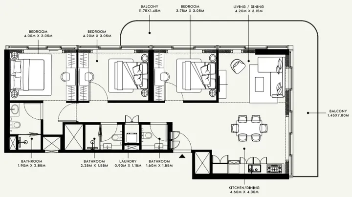 3 BR floor plan