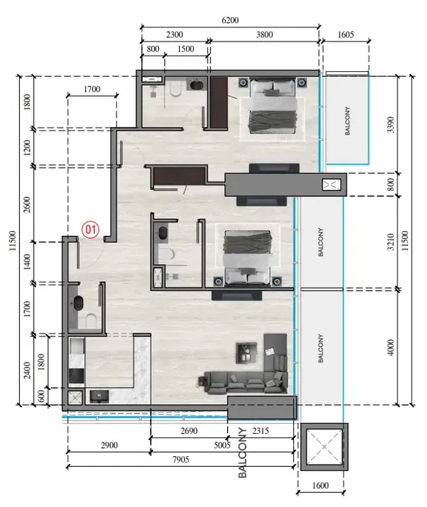 2 BR floor plan