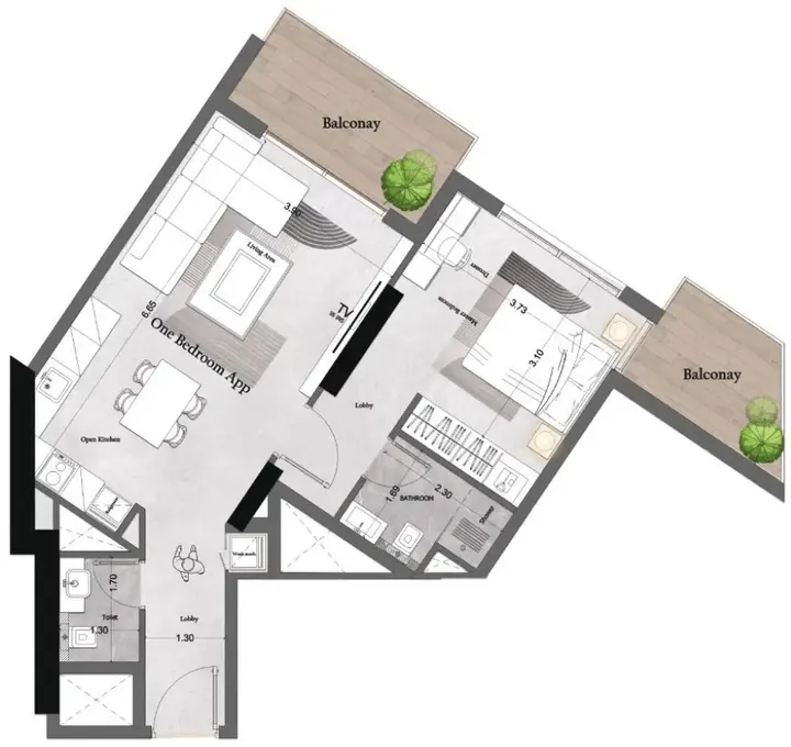 1 BR floor plan