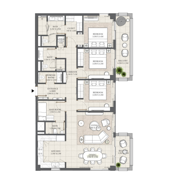 3 BR floor plan