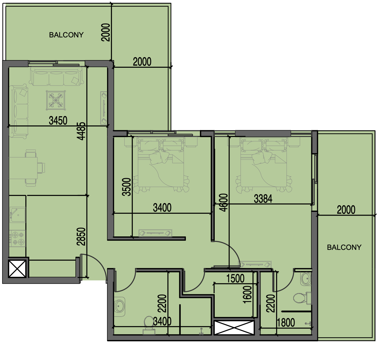 2 BR floor plan