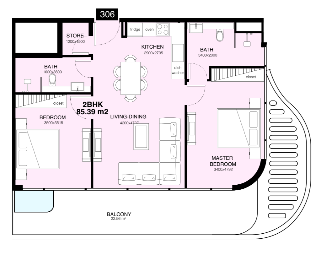 2 BR floor plan