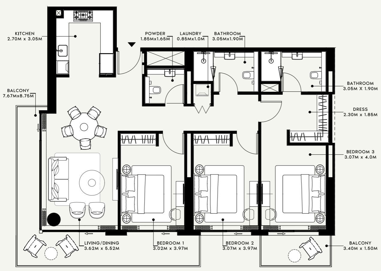 3 BR floor plan
