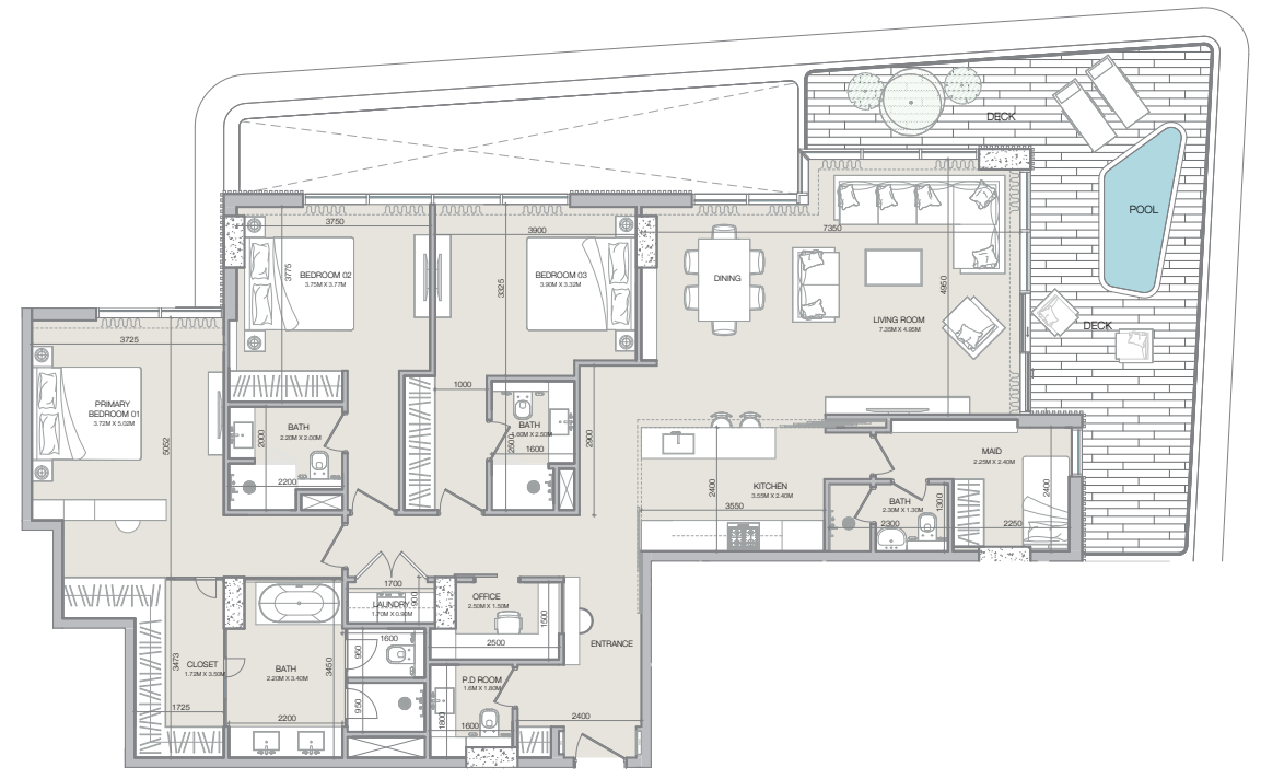 3 BR floor plan