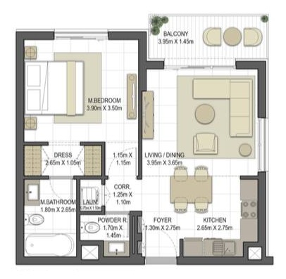 1 BR floor plan