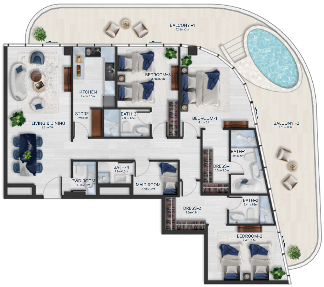 3 BR floor plan