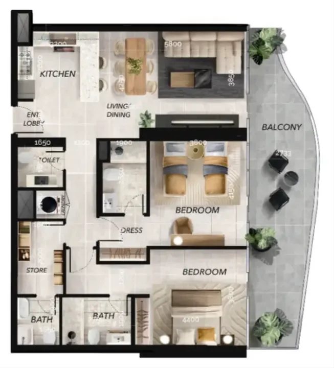 2 BR floor plan