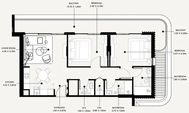 2 BR floor plan