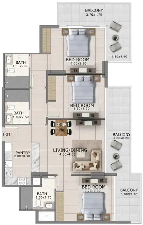 3 BR floor plan