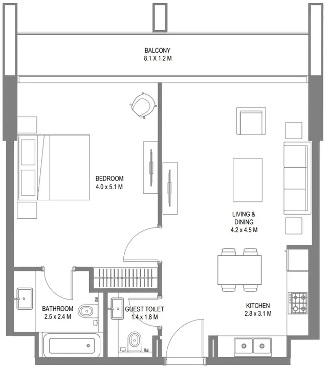 1 BR floor plan