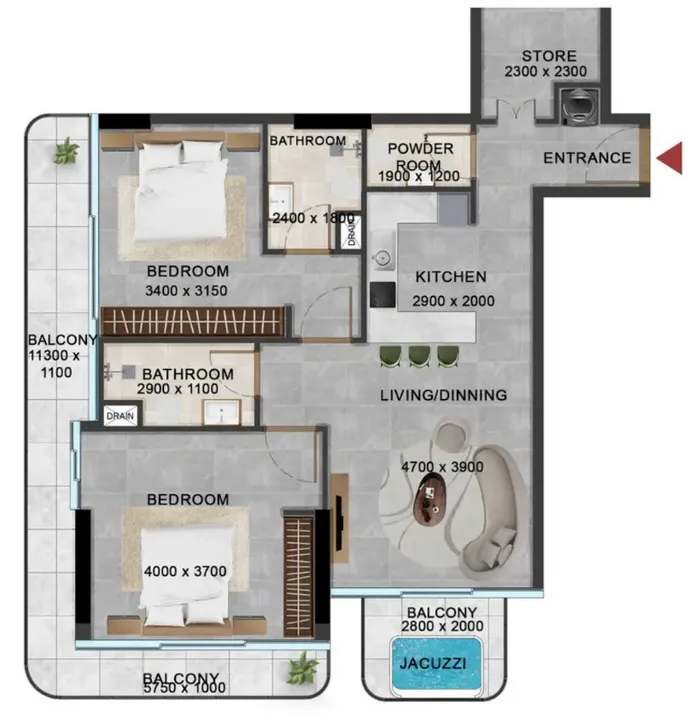 2 BR floor plan