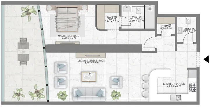 1 BR floor plan