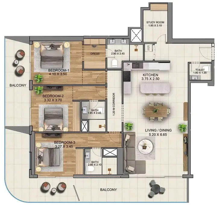 3 BR floor plan