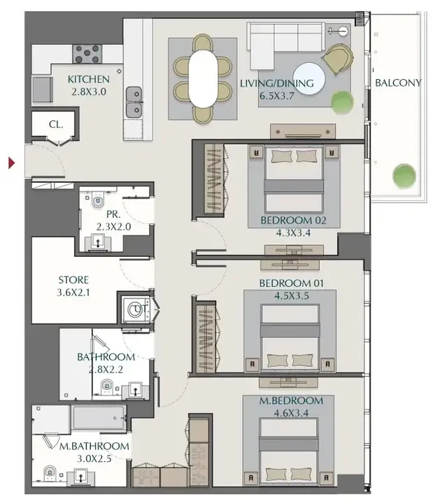 3 BR floor plan