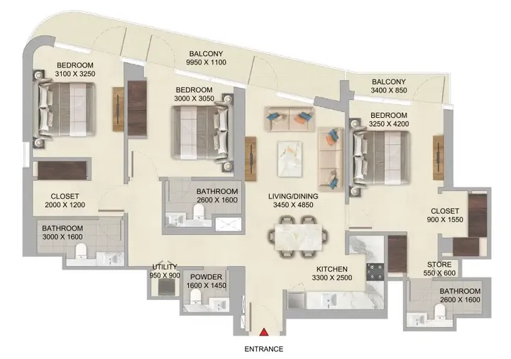 3 BR floor plan
