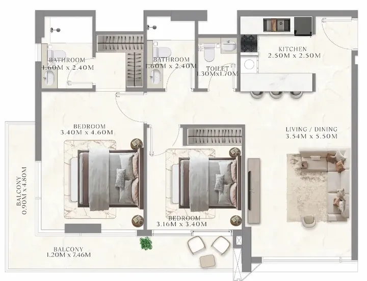 2 BR floor plan