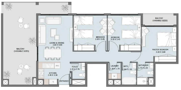 3 BR floor plan