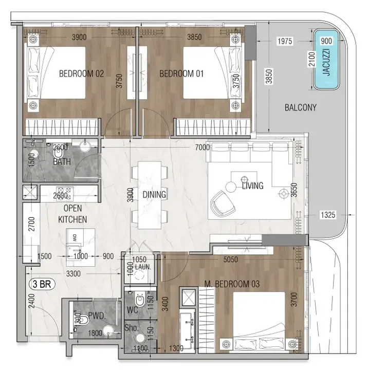 3 BR floor plan