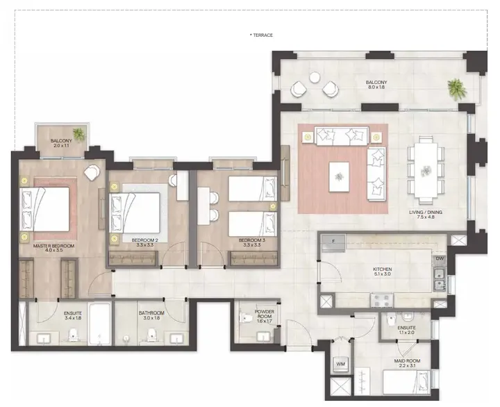 3 BR floor plan