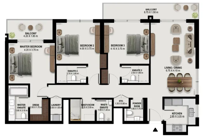 3 BR floor plan