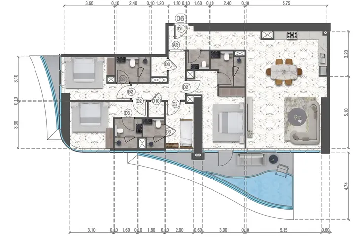 3 BR floor plan
