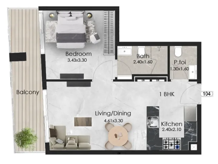 1 BR floor plan