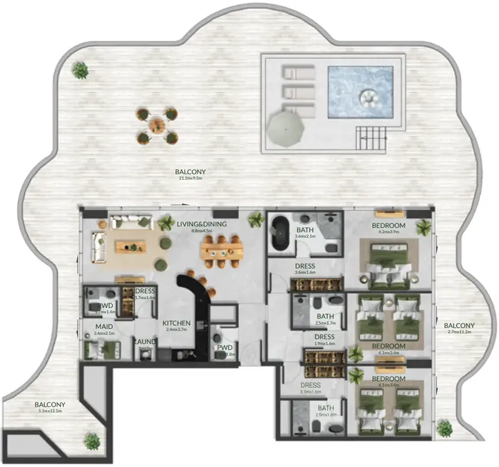 3 BR floor plan