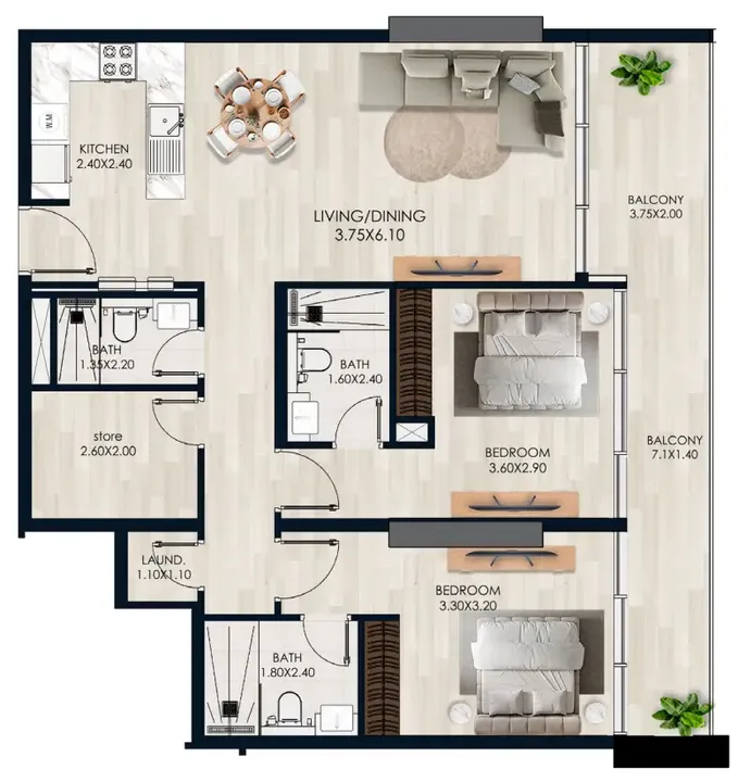 2 BR floor plan
