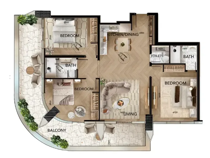 3 BR floor plan