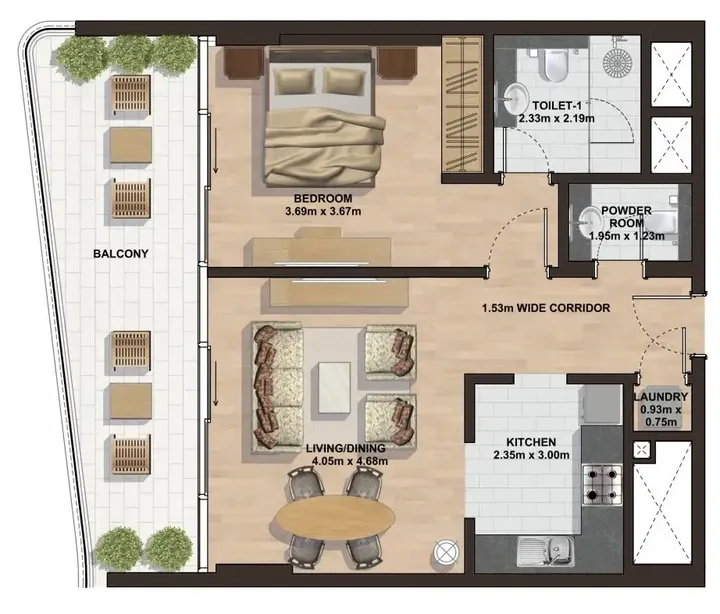 1 BR floor plan