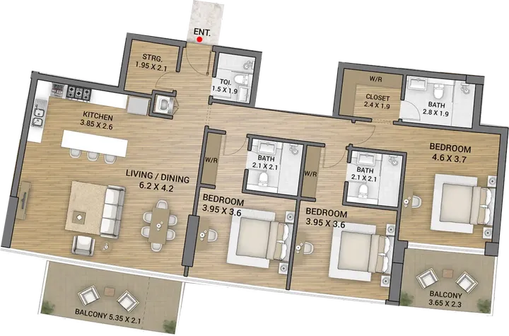 3 BR floor plan