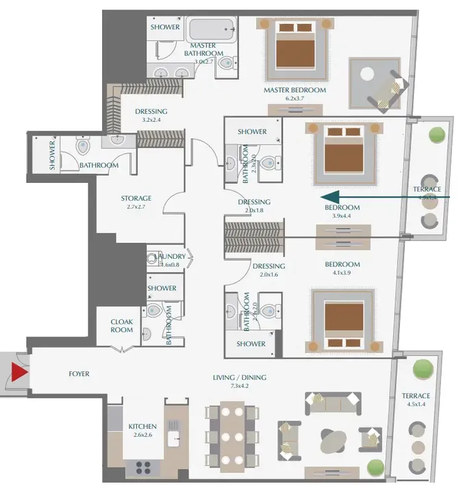 3 BR floor plan