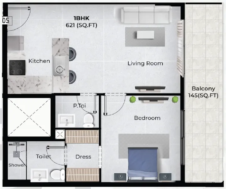 1 BR floor plan