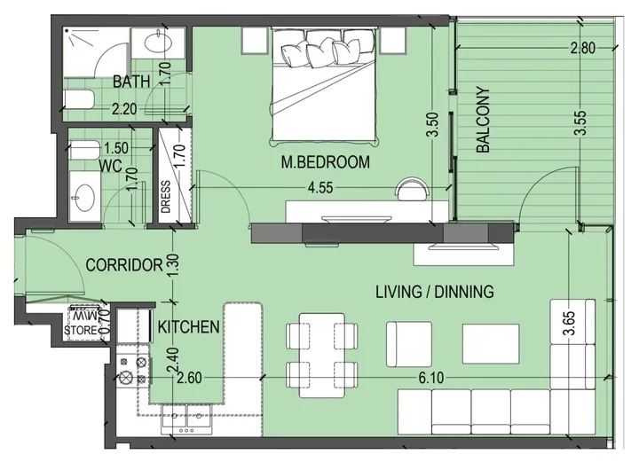 1 BR floor plan