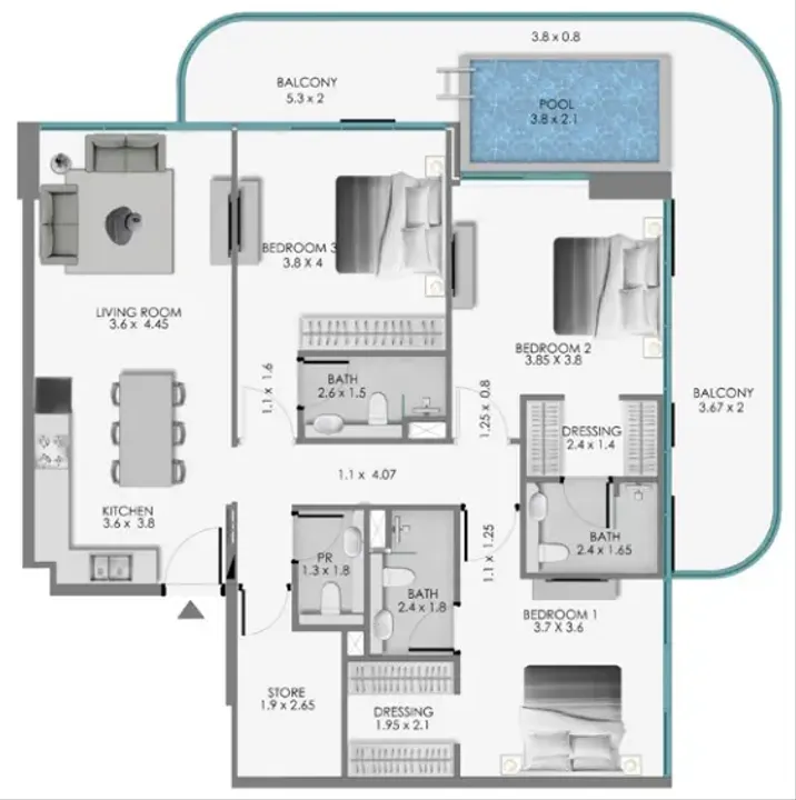 3 BR floor plan