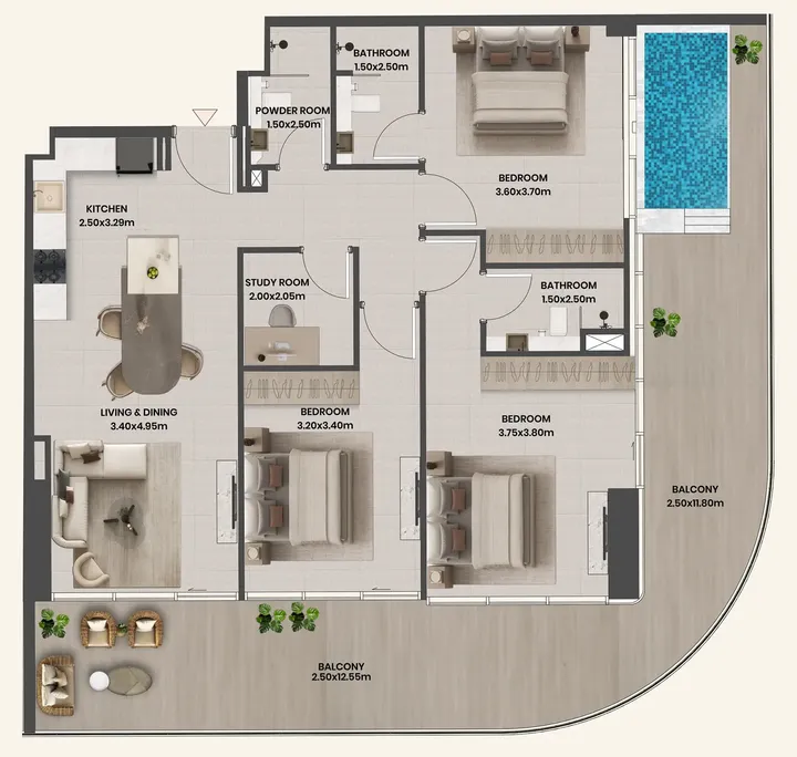 3 BR floor plan
