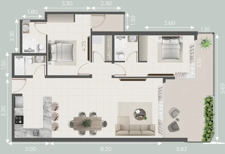 2 BR floor plan
