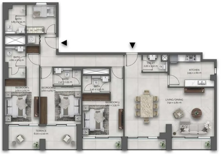 3 BR floor plan
