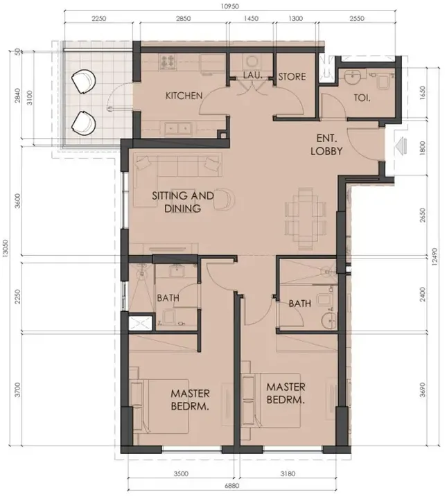 2 BR floor plan