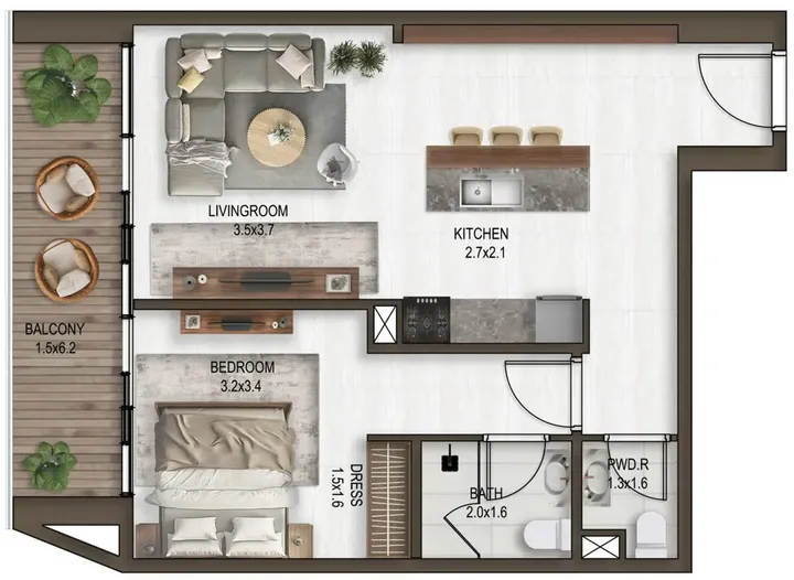 1 BR floor plan