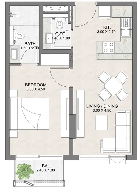 1 BR floor plan