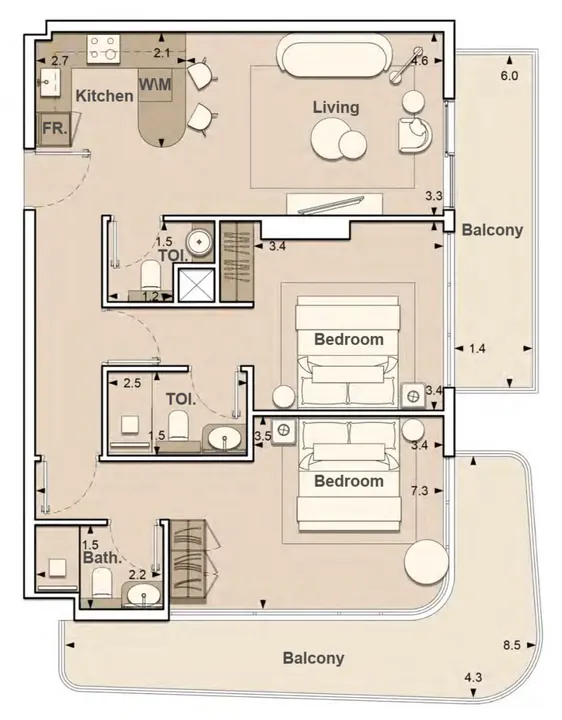 2 BR floor plan