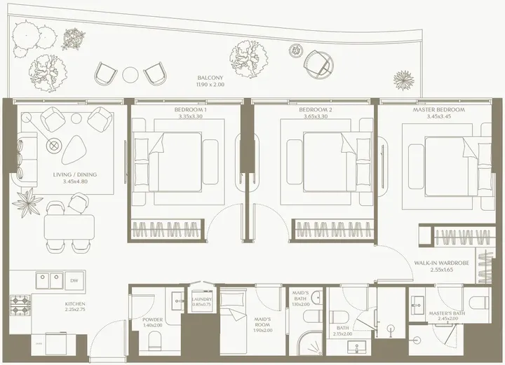 3 BR floor plan