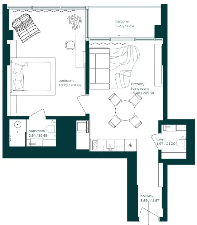 1 BR floor plan