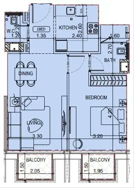 1 BR floor plan